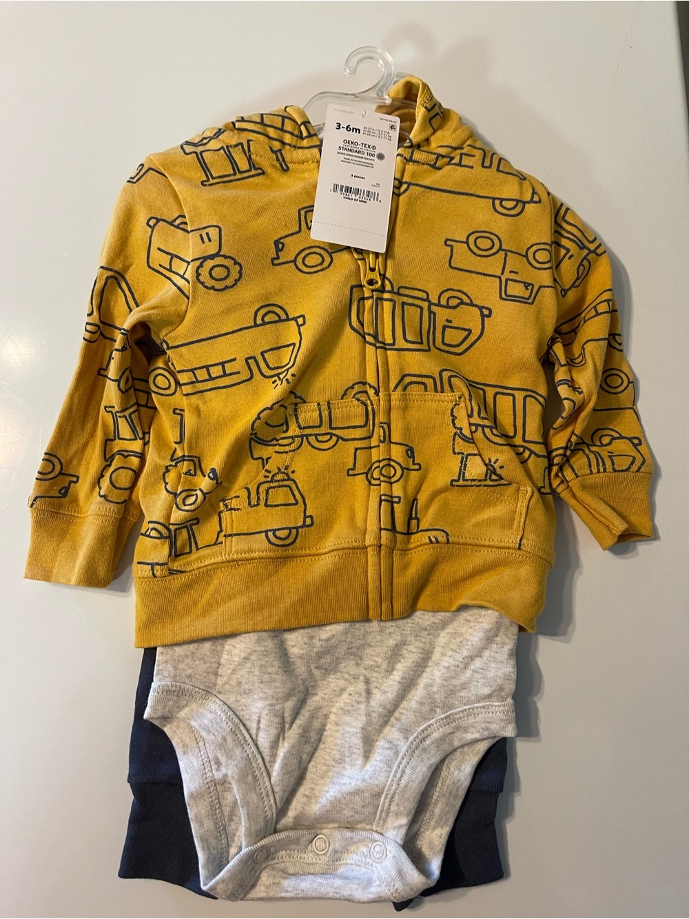 NWT- child of mine Yellow Hooded Zip Front Top with Navy Vehicle Print